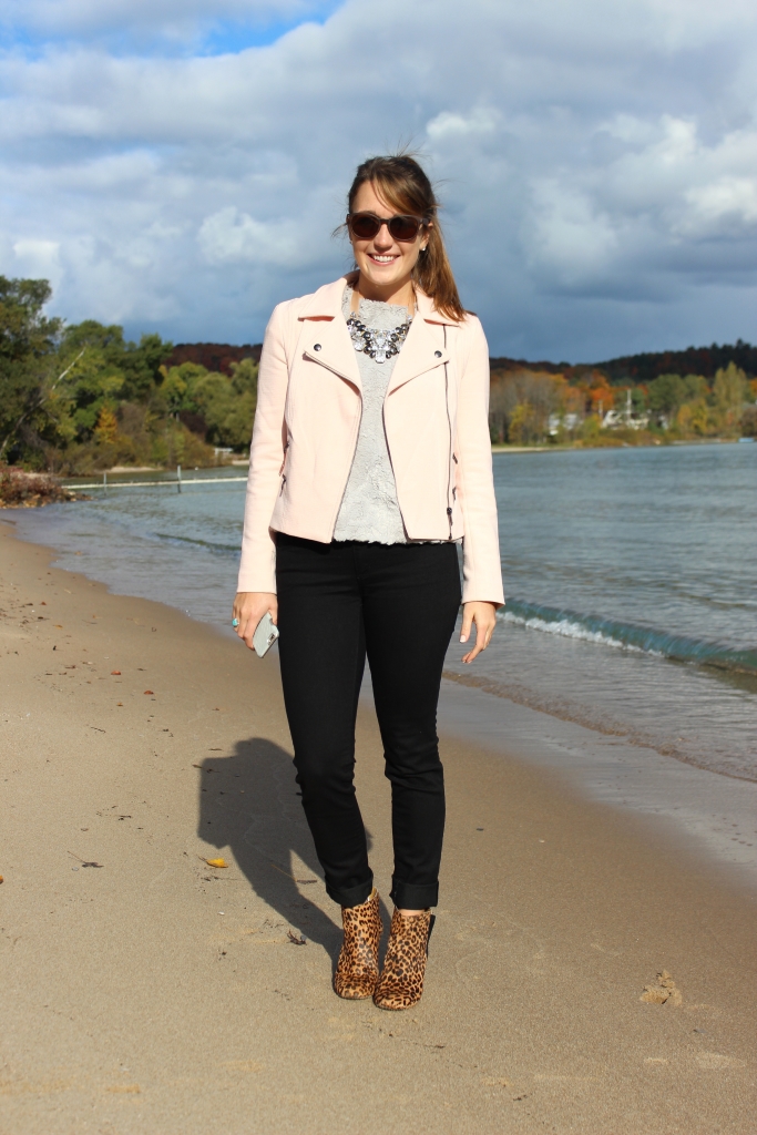 blush moto jacket and leopard print booties