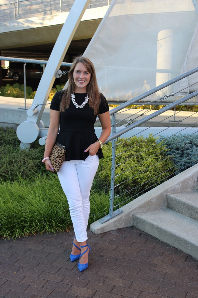 leopard clutch blue heels and white jeans