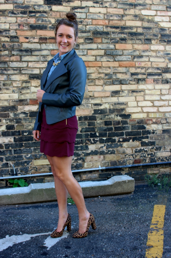 leopard heels chambray and burgundy skirt