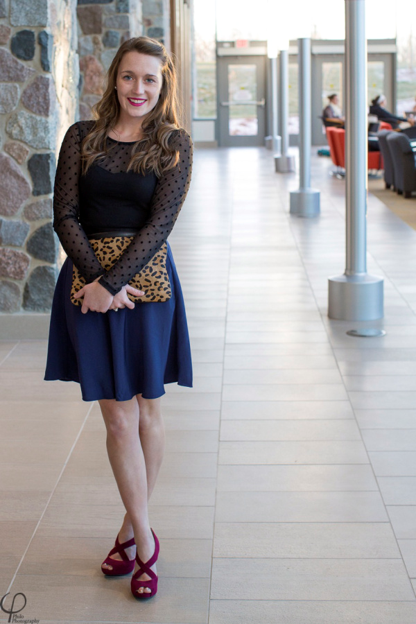 navy skirt burgundy heels and leopard clutch