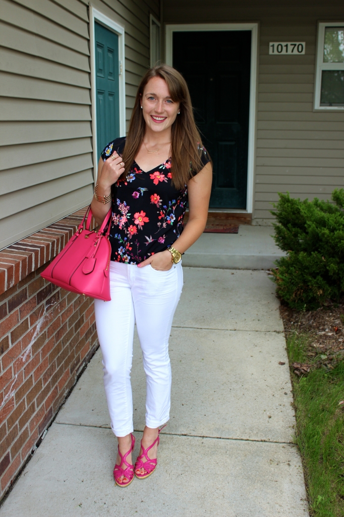 pink wedges & white jeans