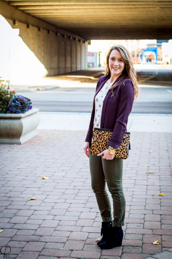 plum blazer and leopard clutch