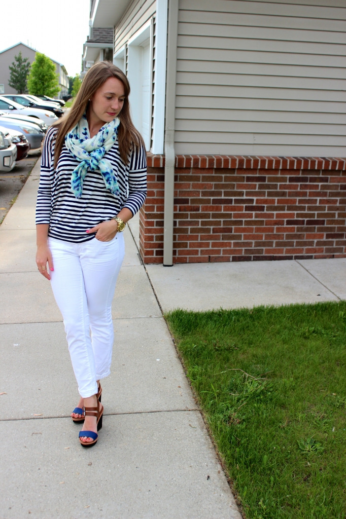 tan and navy wedges