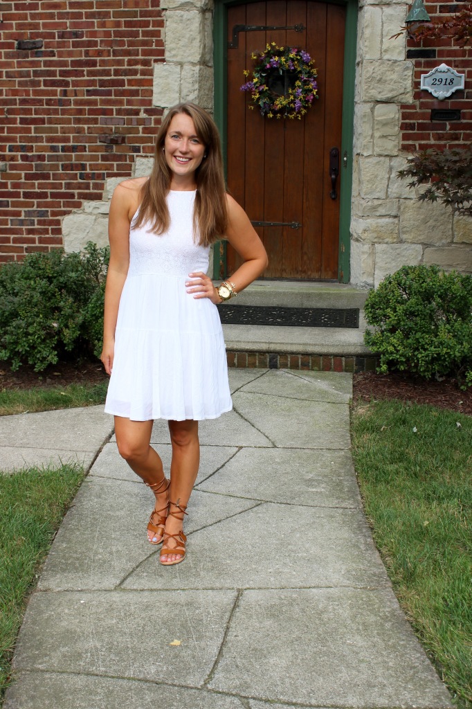 tan lace up sandals and white dress