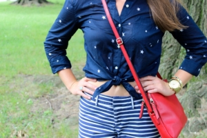 star print shirt and striped shorts for 4th of july