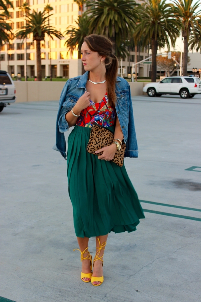 floral-bodysuit-and-green-midi-skirt