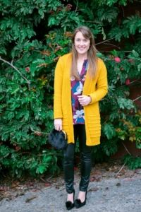 Old Navy Mustard Cardigan with LOFT Burgundy Floral Blouse and leather leggings