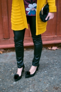 DIY Faux Fur Pumps with BLANKNYC leather pants and Old Navy mustard cardigan