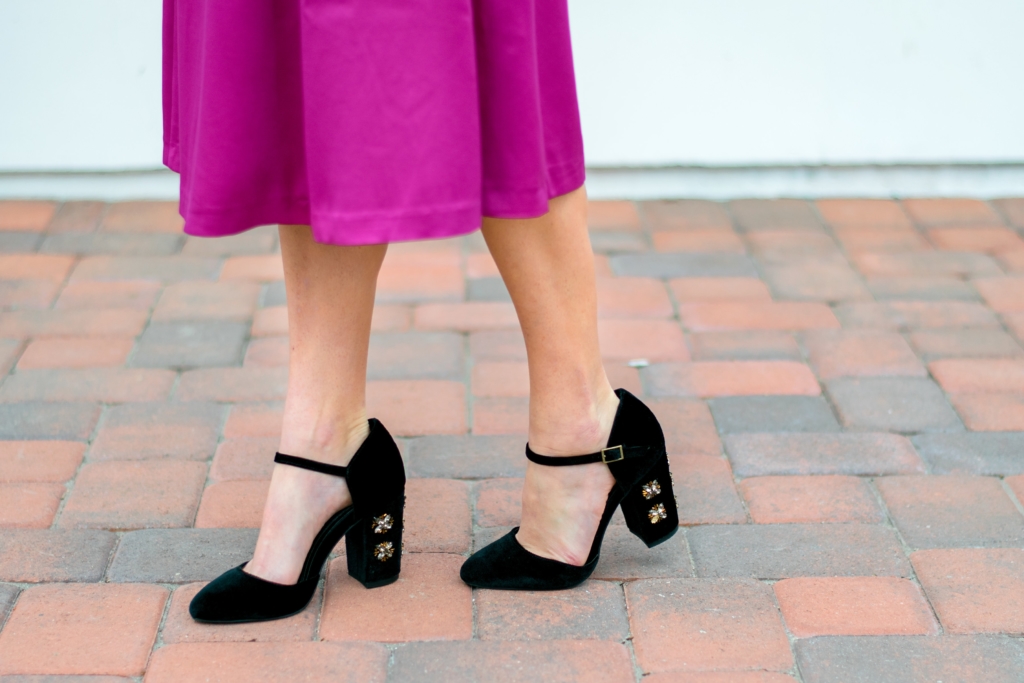 Magenta H&M Midi skirt with velvet embellished heels 