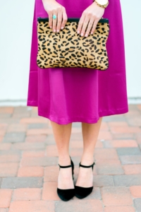 Magenta H&M Midi skirt with leopard clutch and velvet embellished heels