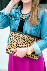 Magenta H&M Midi skirt with denim Jacket and leopard clutch