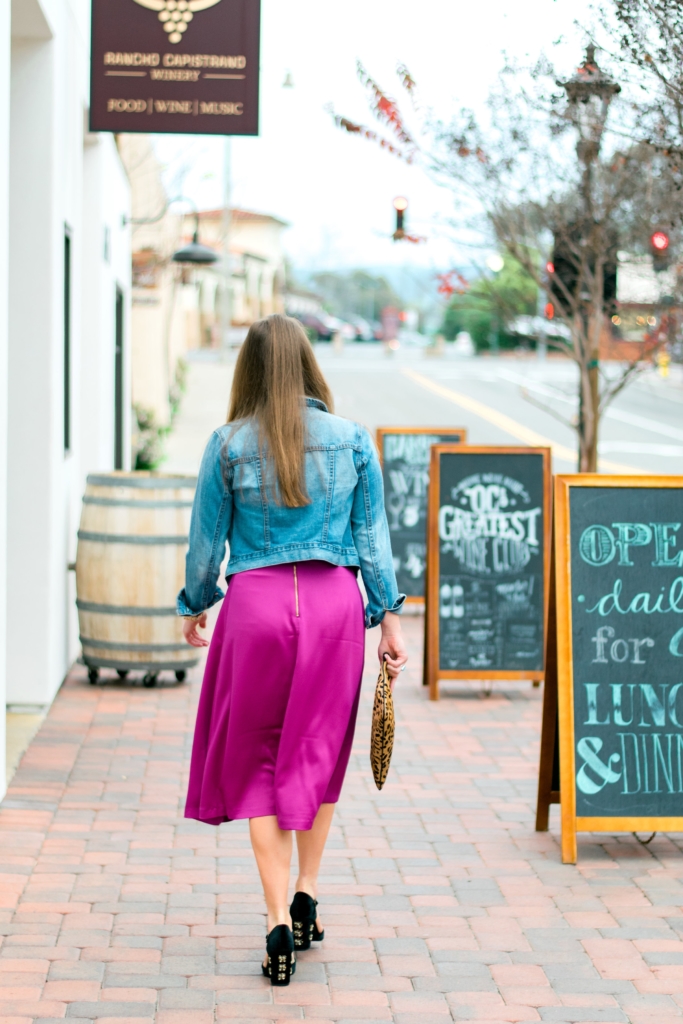 Magenta H&M Midi skirt with denim Jacket and velvet embellished heels