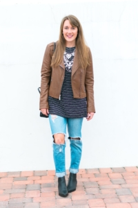 Michael Kors leather jacket, Old Navy striped tunic and Distressed jeans