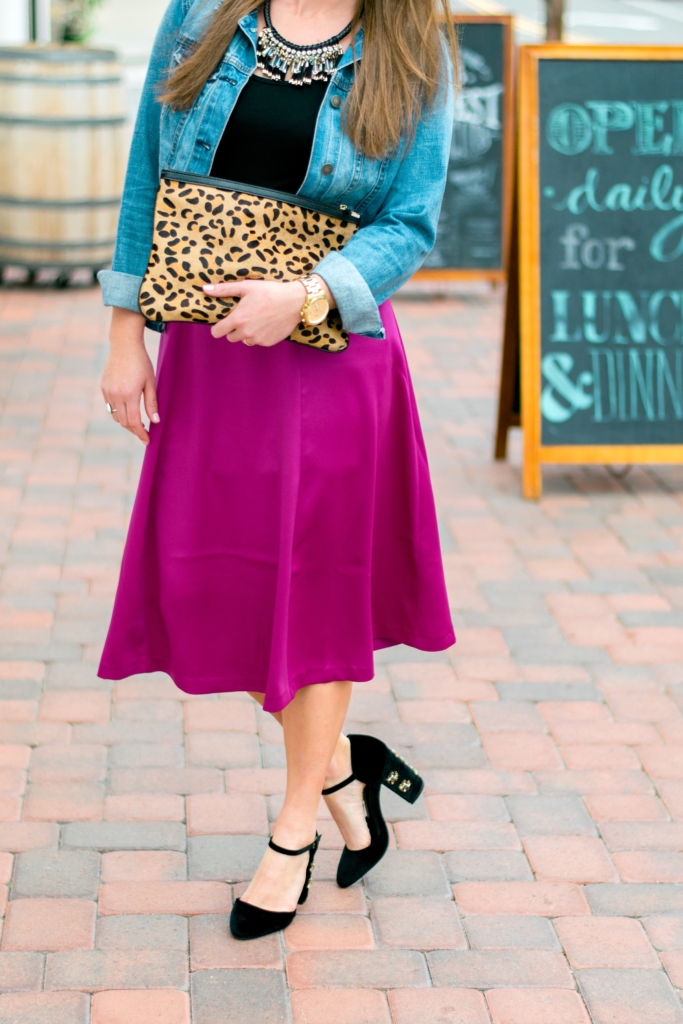 Magenta H&M Midi skirt with denim Jacket, leopard clutch and velvet embellished heels