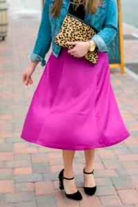 Magenta H&M Midi skirt with denim Jacket, leopard clutch and velvet embellished heels