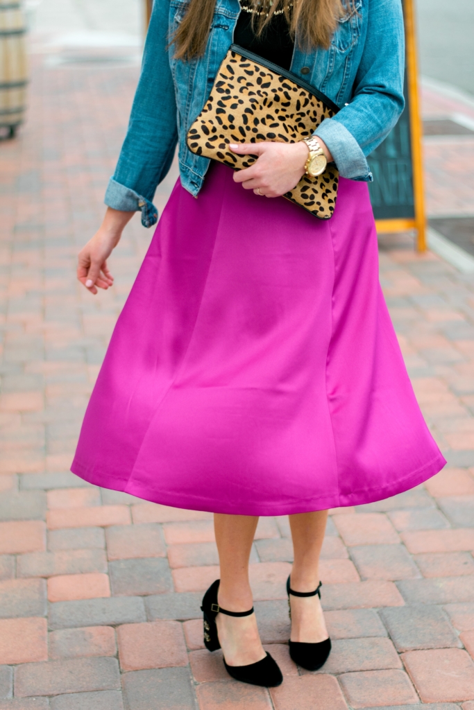 Magenta H&M Midi skirt with denim Jacket, leopard clutch and velvet embellished heels 