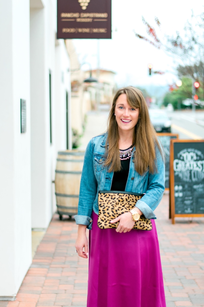 Magenta H&M Midi skirt with denim Jacket, leopard clutch and statement necklace