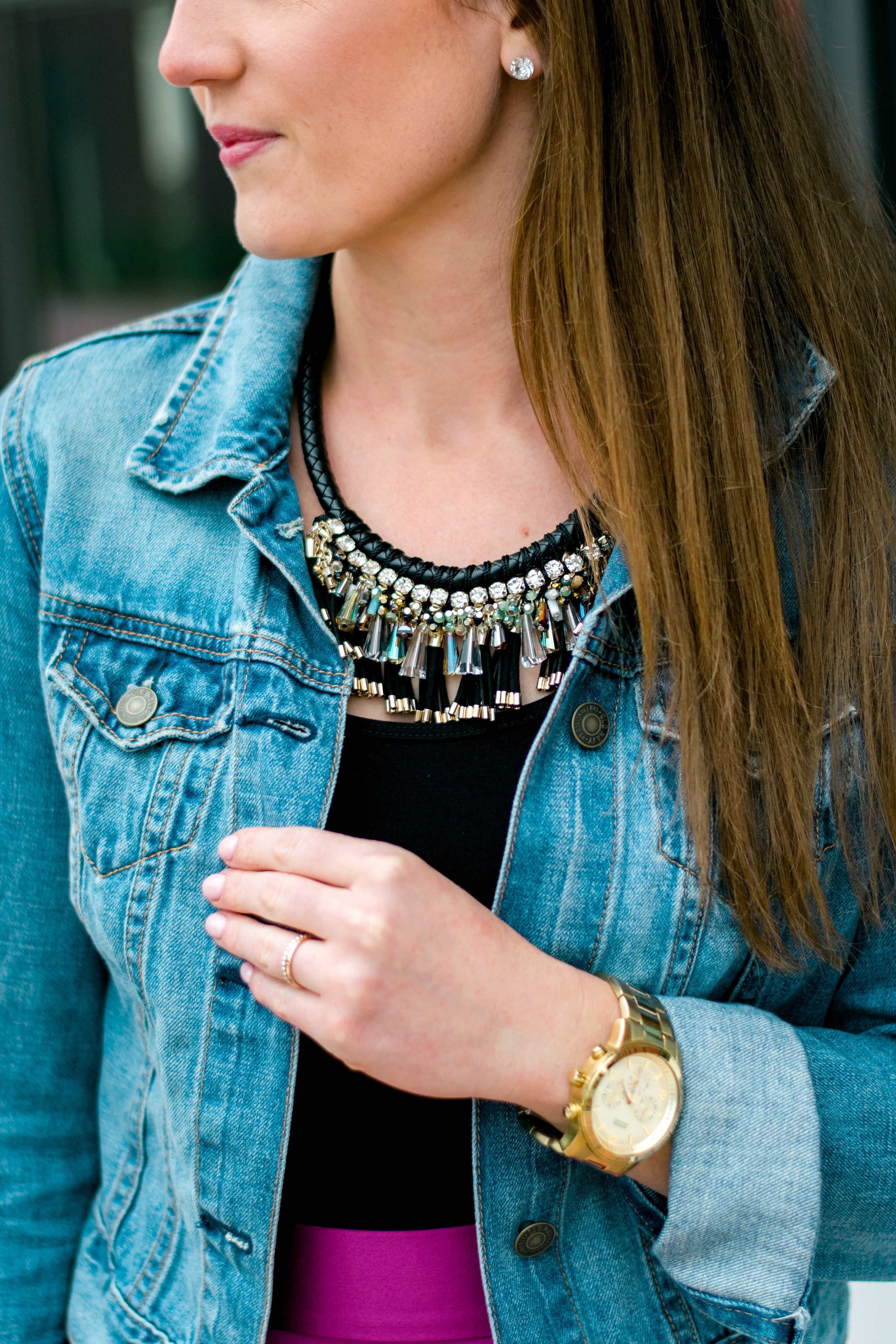 Magenta H&M Midi skirt with denim Jacket and statement necklace