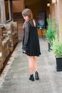 Free People Black Lace Cutout Tunic with Leopard Clutch and Old Navy Ankle Boots