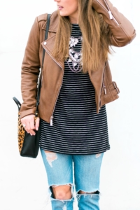 Michael Kors leather jacket, Old Navy striped tunic and Clare V Leopard Bag