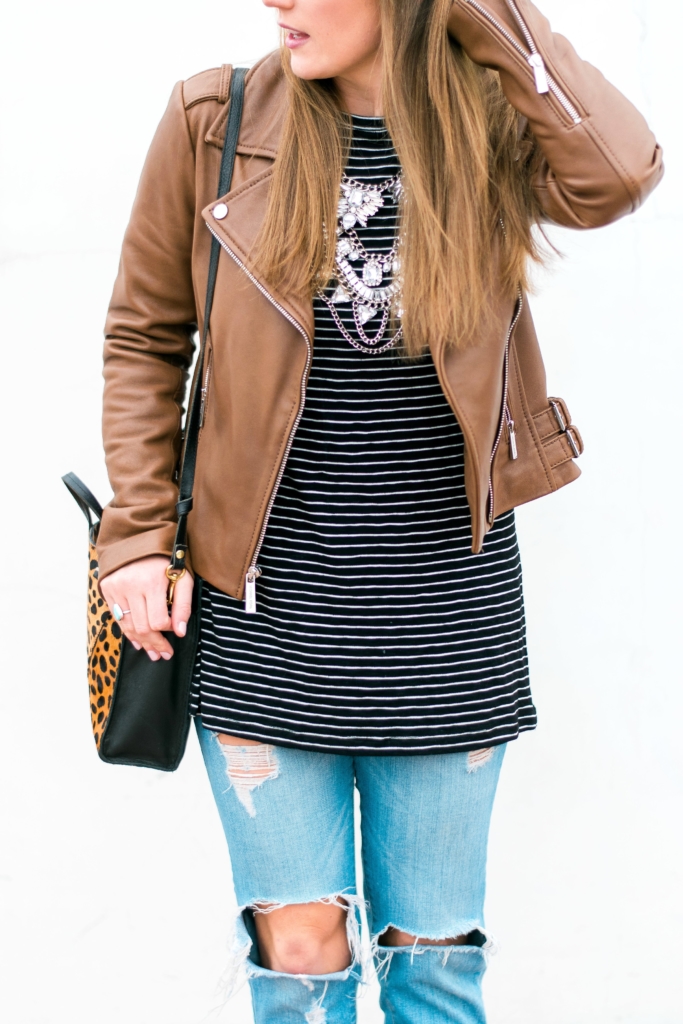 Michael Kors leather jacket, Old Navy striped tunic and Clare V Leopard Bag