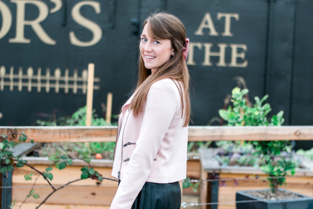 Blush Jacket with Leather Skirt and Leopard Clare V Purse