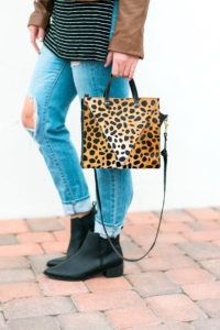 Ripped jeans, black Old Navy ankle boots and Clare V leopard bag