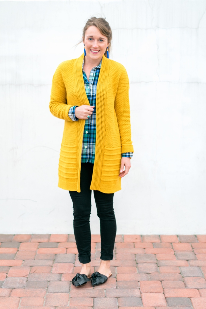 Old Navy Mustard cardigan with black skinny jeans and flannel