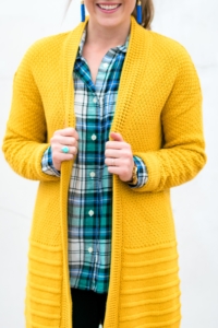 Old Navy Mustard cardigan with blue plaid flannel