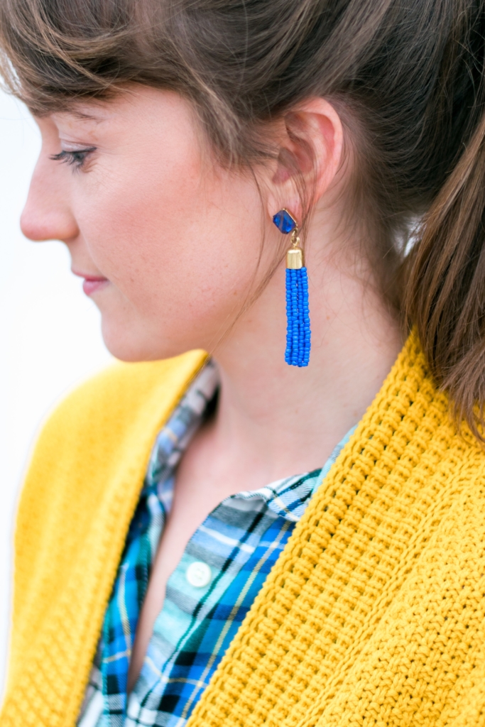 J.Crew Factory Tassel earrings with Old Navy Mustard Cardigan