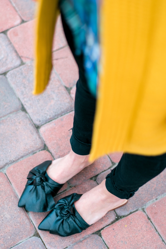 Zara Bow Leather Slides with Black skinny jeans and mustard cardigan