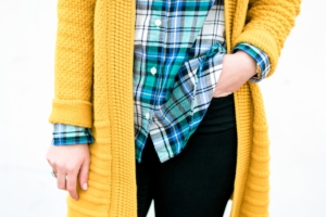 Old Navy blue and green plaid flannel with long mustard cardigan