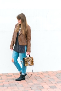 Michael Kors leather jacket, Old Navy striped tunic, ripped jeans and Clare V leopard bag