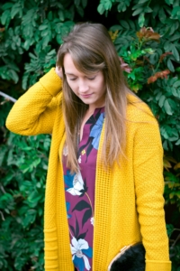 Old Navy Mustard Cardigan with LOFT Burgundy Floral Blouse