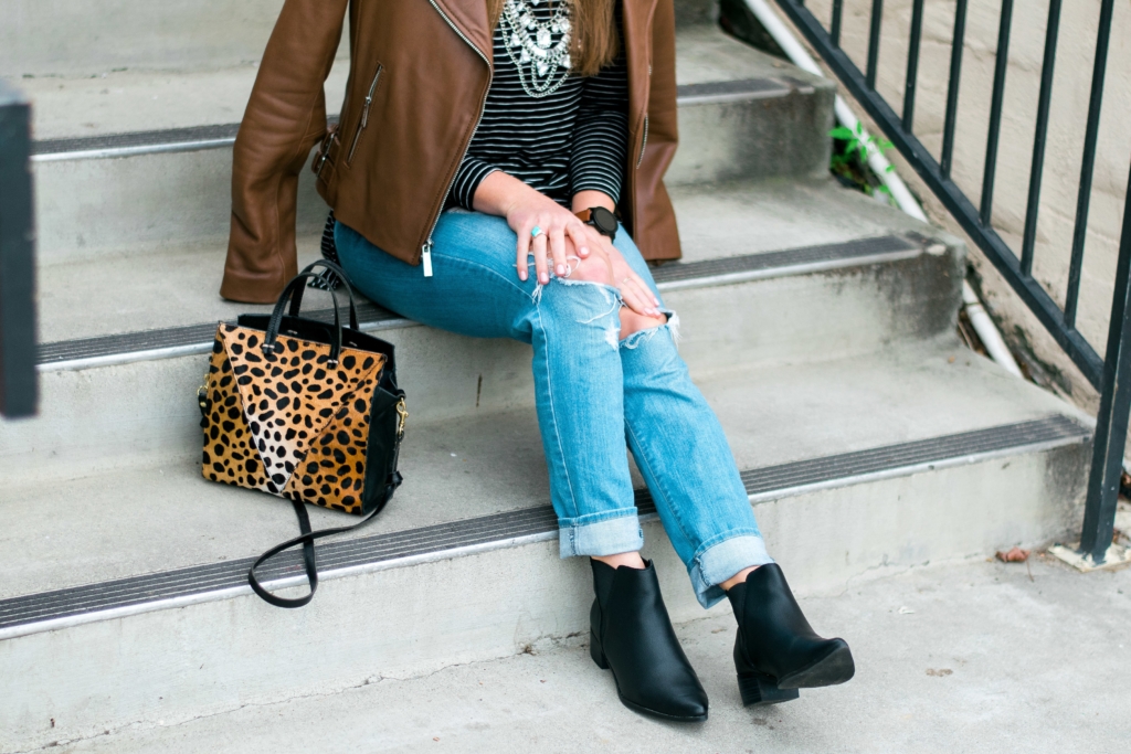 Michael Kors leather jacket, Old Navy striped tunic, ripped jeans and Clare V leopard bag