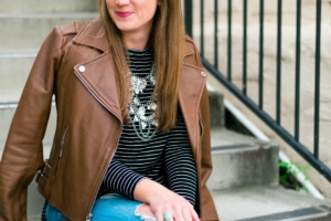 Michael Kors leather jacket, Old Navy striped tunic, ripped jeans and Statement Necklace