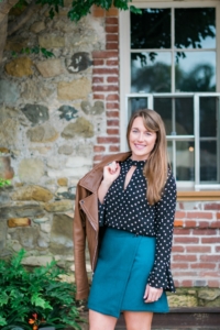 Michael Kors brown leather jacket with Forever 21 bell sleeve top and teal LOFT wrap skirt