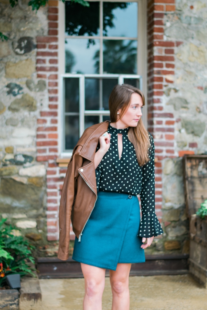 Michael Kors brown leather jacket with Forever 21 bell sleeve top and teal LOFT wrap skirt