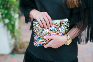 ASOS Sequin Clutch with Gold Watch and black mini dress