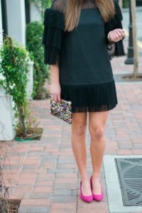 Dezzal Tiered Black Mini Dress with Pink Pumps and ASOS Sequin Clutch