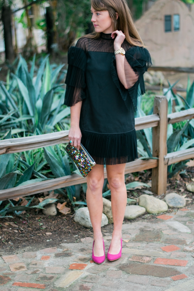 Dezzal Tiered Black Mini Dress with Pink Pumps and ASOS Sequin Clutch