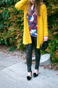 Old Navy Mustard Cardigan with LOFT Burgundy Floral Blouse, leather leggings, faux fur clutch & fur pumps