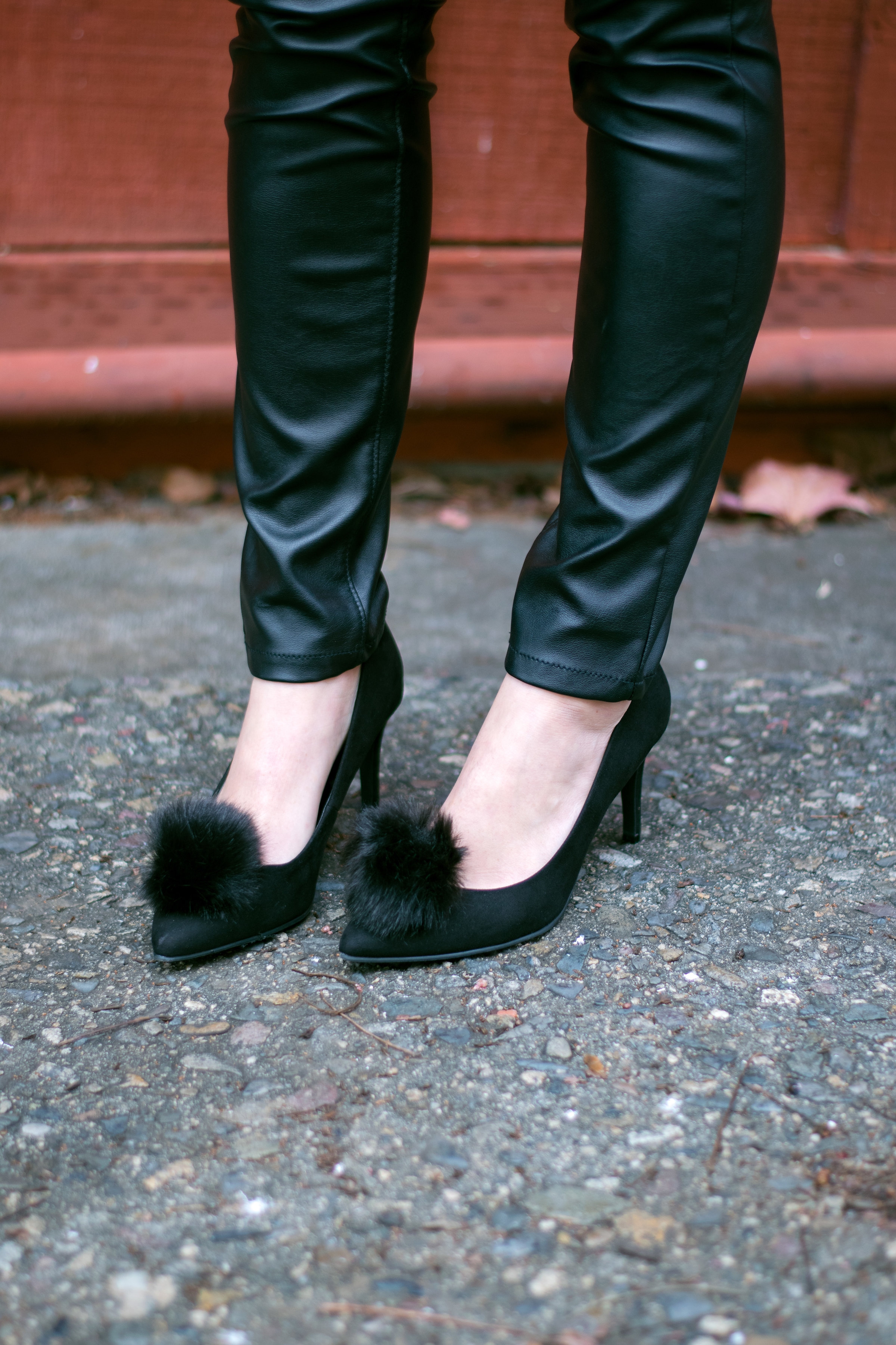 Faux Fur DIY pumps with BLANKNYC leather pants