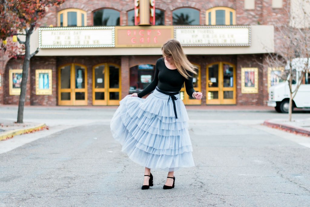 ASOS tulle tiered midi skirt with black bodysuit and velvet embellished heels