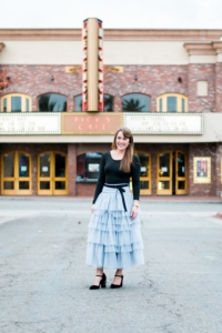 ASOS tulle tiered midi skirt with black bodysuit and velvet embellished heels