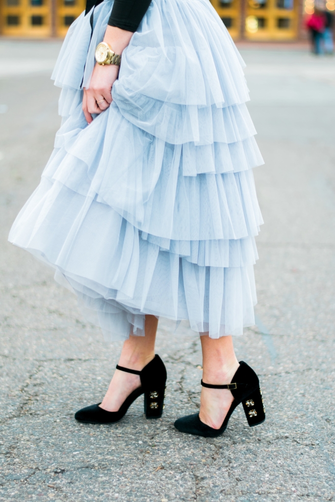 ASOS tulle tiered midi skirt with Target velvet embellished heels 