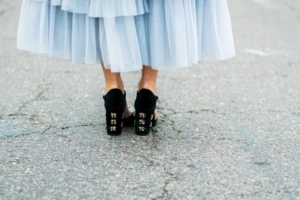 ASOS tulle tiered midi skirt with black bodysuit and velvet embellished heels