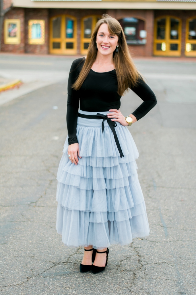 ASOS tulle tiered midi skirt with black bodysuit and velvet embellished heels