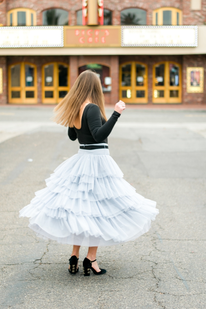 ASOS tulle tiered midi skirt with black bodysuit and velvet embellished heels