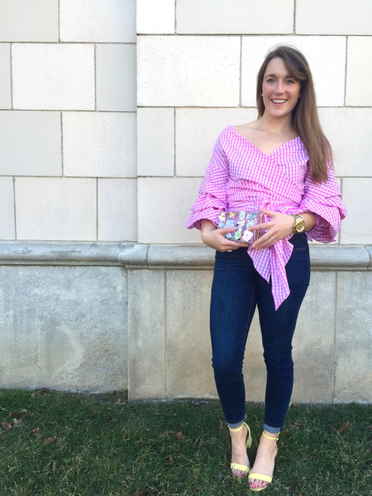 ShopBop Pink gingham ruffle off the shoulder top with Ann Taylor skinny jeans and floral lucite clutch